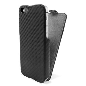 Slimline Carbon Fibre Style iPhone SE Flip Case - Black